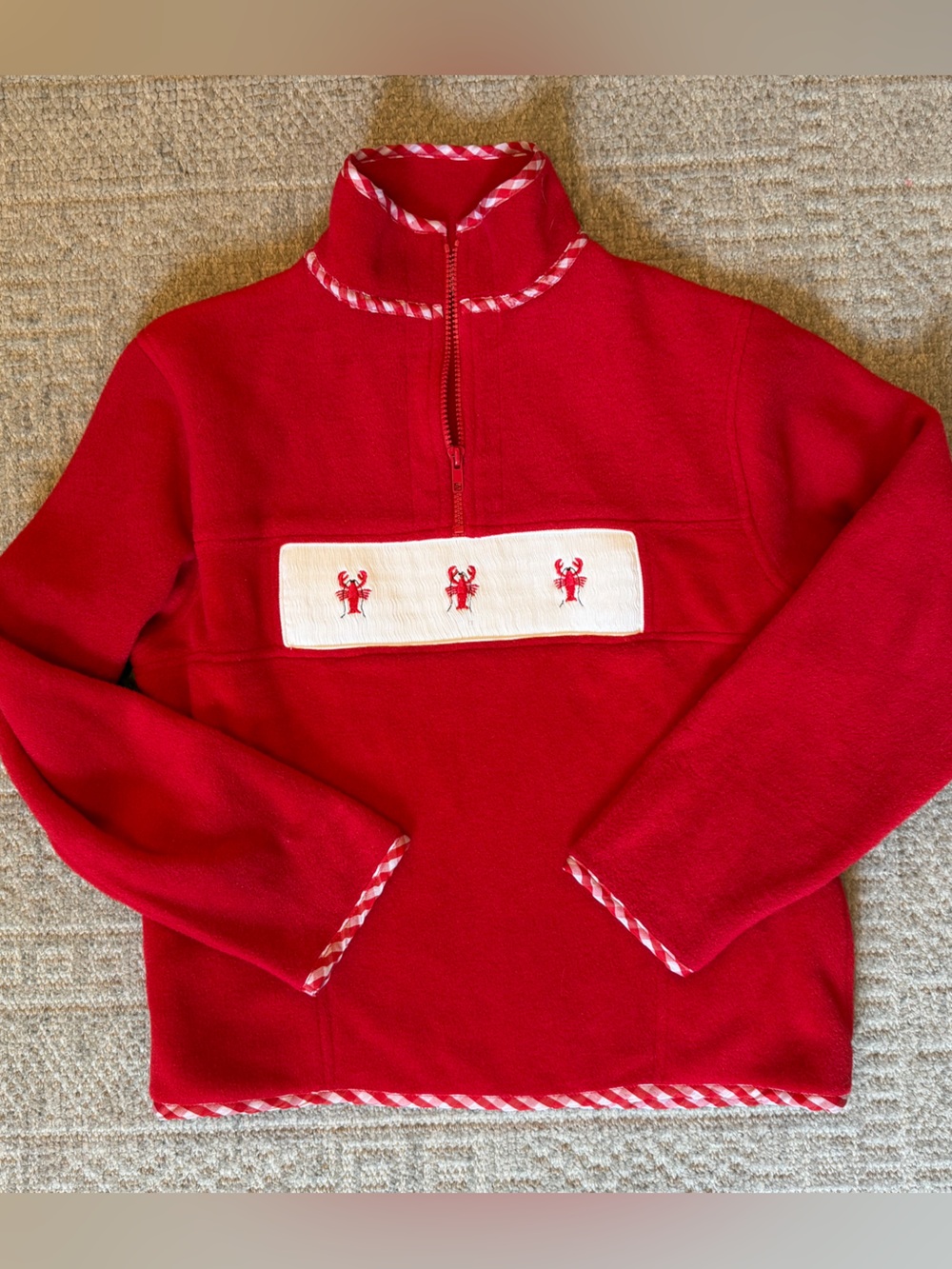 EUC Emily Lacey Lake Forest Kids Red Fleece Jacket with Lobsters size 12